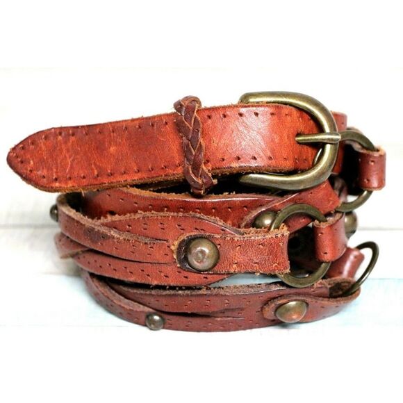 STUDDED BRAIDED BROWN GENUINE LEATHER 0.5"Wd CASUAL DRESS WOMEN'S BELT Sz M (T44 - Picture 2 of 7